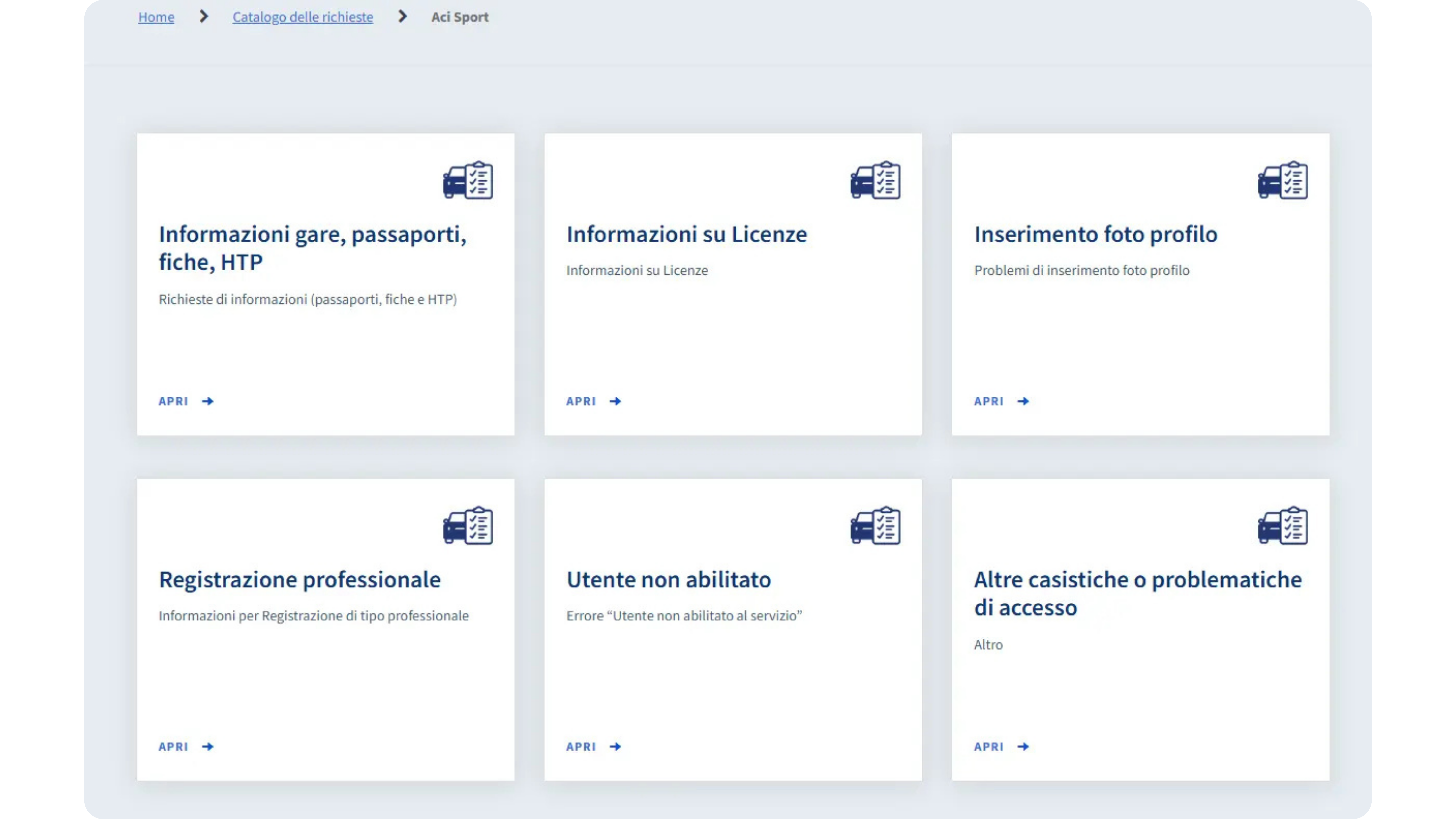 Catalogo delle richieste ACI Sport con le categorie disponibili per aprire un ticket